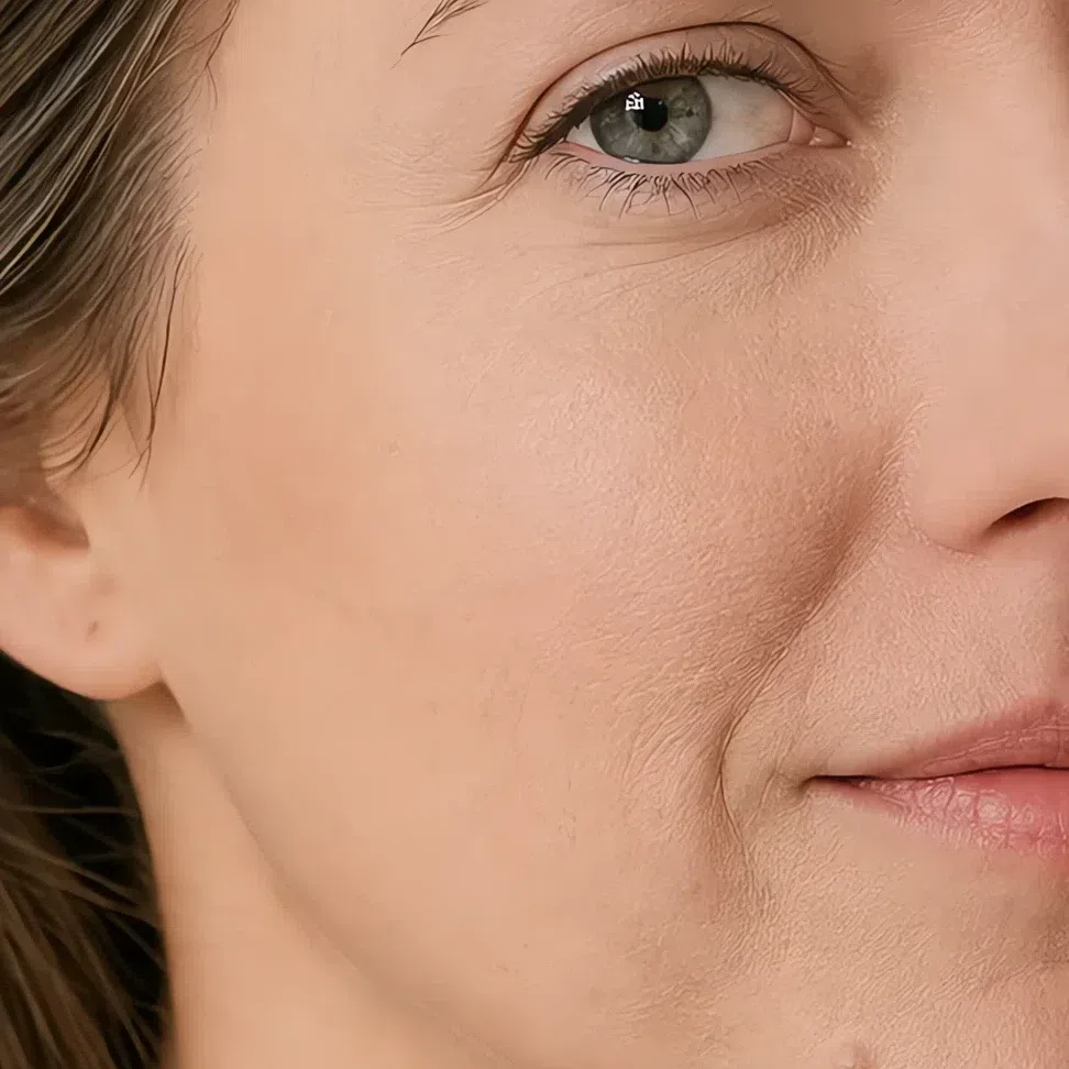 A full matte foundation finish, completely flat with the skin texture flattened out