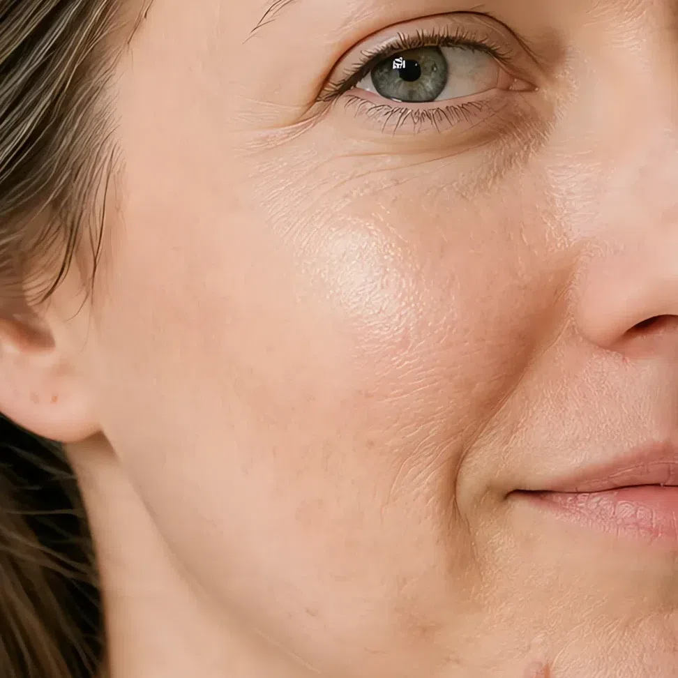 A satin foundation finish with light coming back off the cheekbone and the skin texture still visible