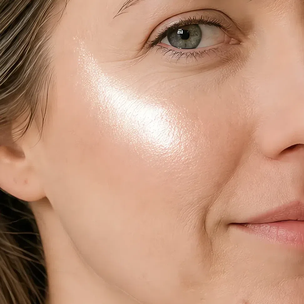 An intense metallic highlighter as a hard bright strip with a defined edge along the cheekbone
