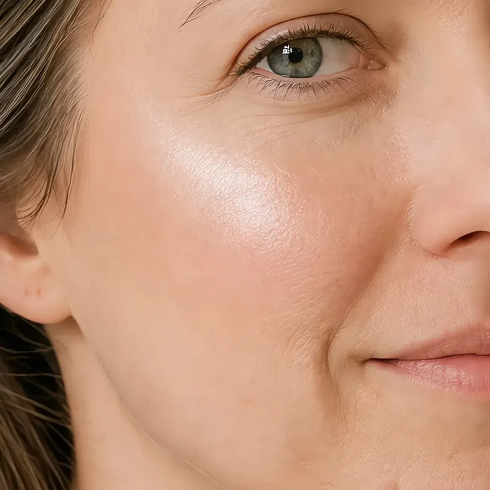 A soft pearl highlighter as a wide diffuse glow along the cheekbone