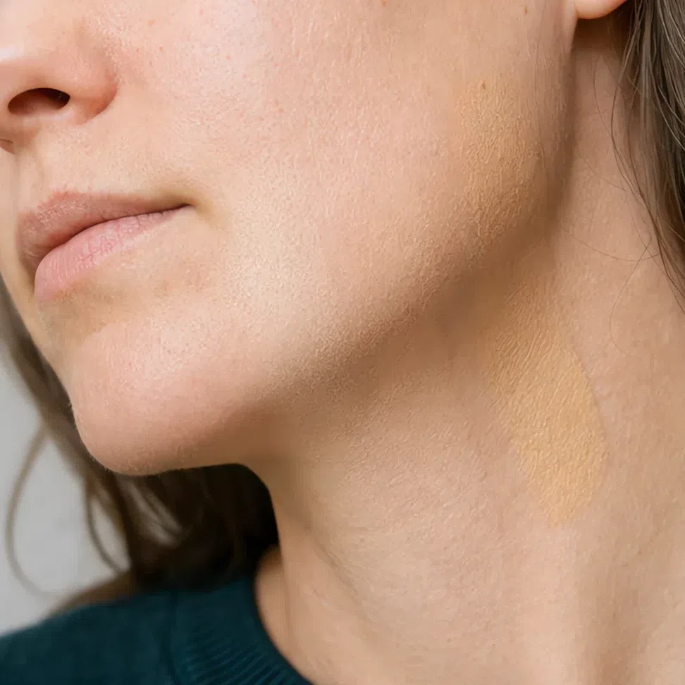 Three blended foundation stripes on the cheek and jaw, the match invisible and the yellow one still showing