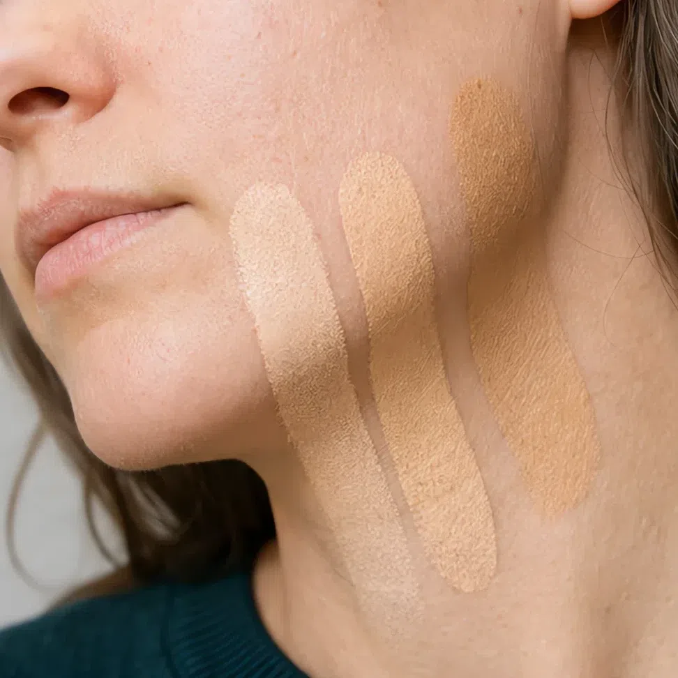 Three unblended foundation stripes across the jawline