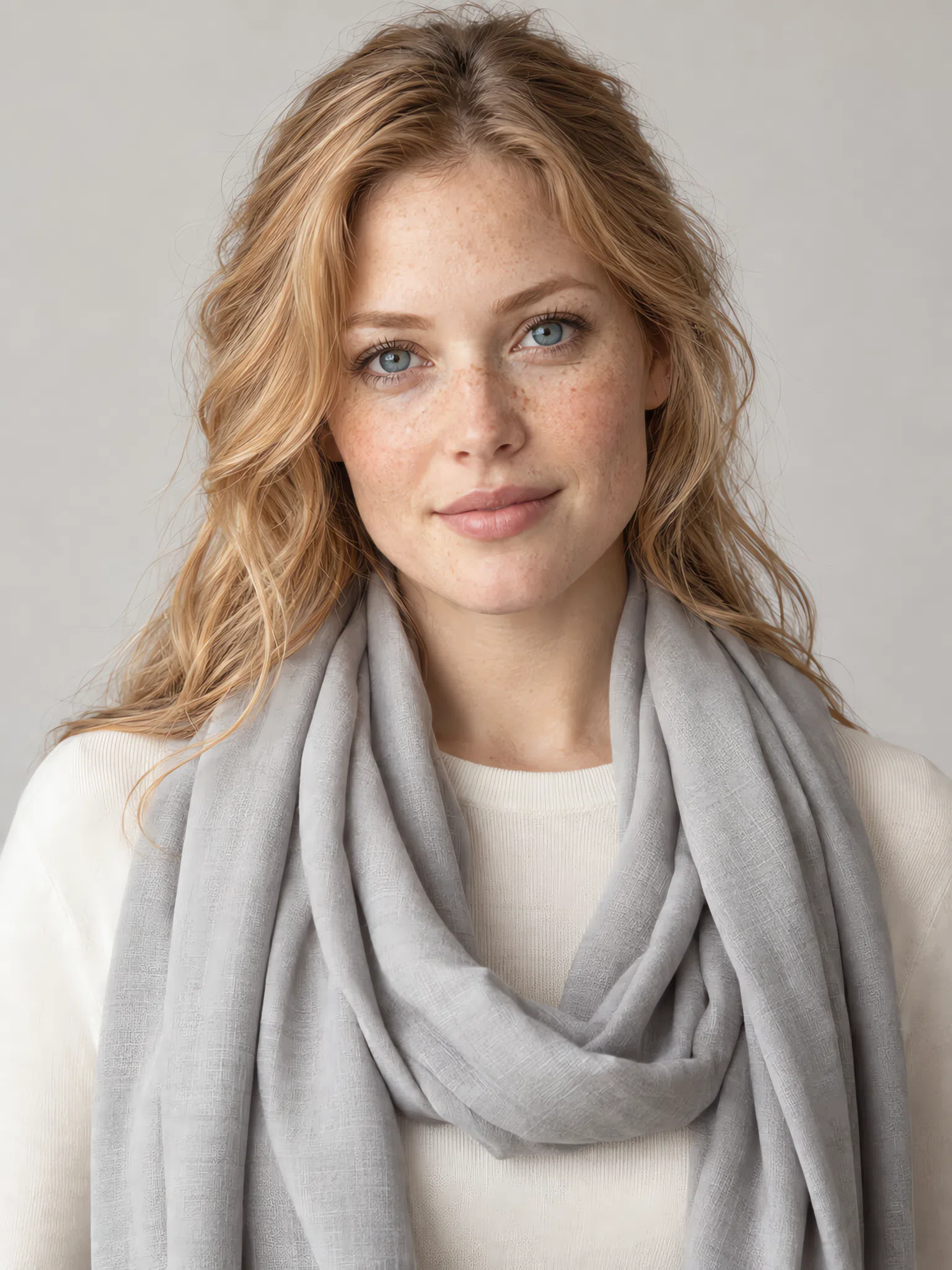 A Light Spring accent shade on a silk scarf over an ivory knit in Coral