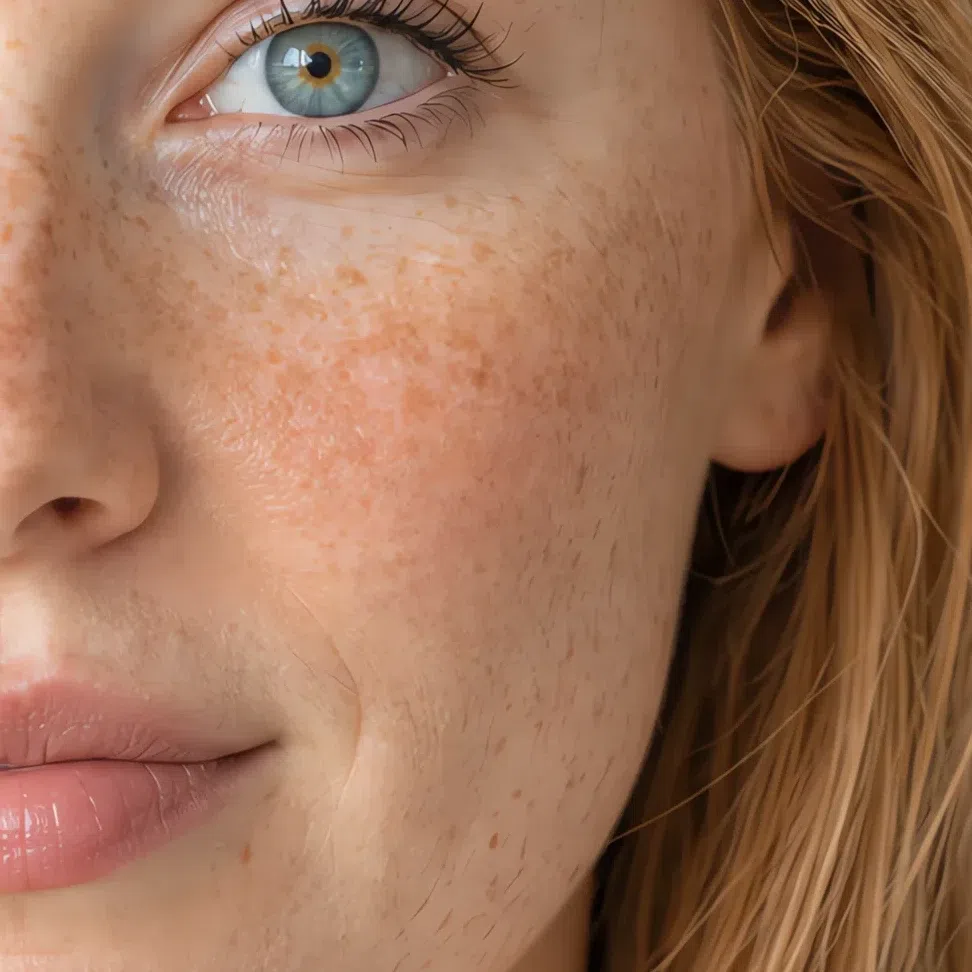 Fair ivory Light Spring skin with a peach flush and golden freckles