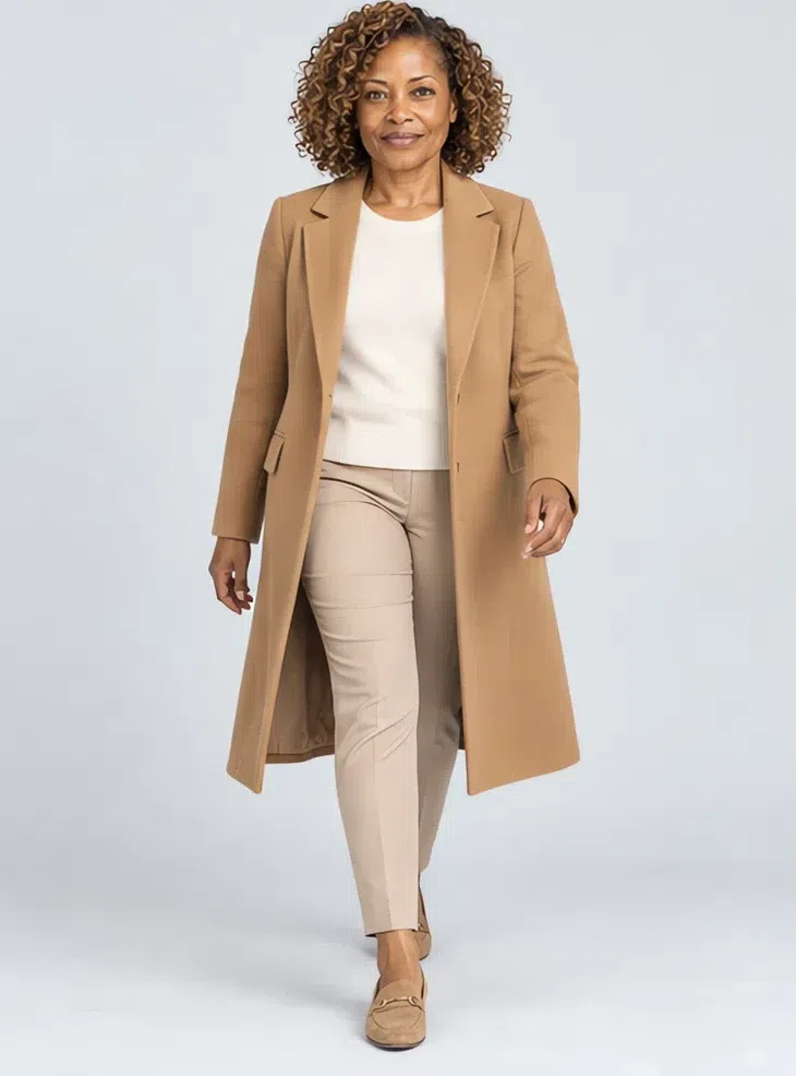 Camel wool coat, Light Spring capsule wardrobe, Deep complexion