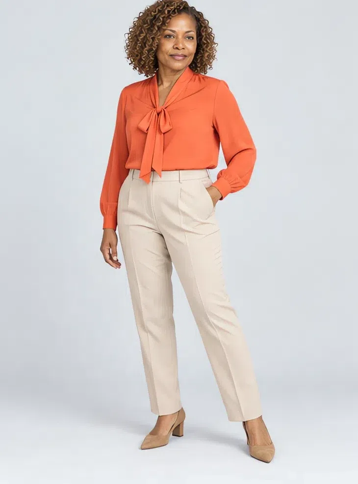 Coral silk blouse, Light Spring capsule wardrobe, Deep complexion
