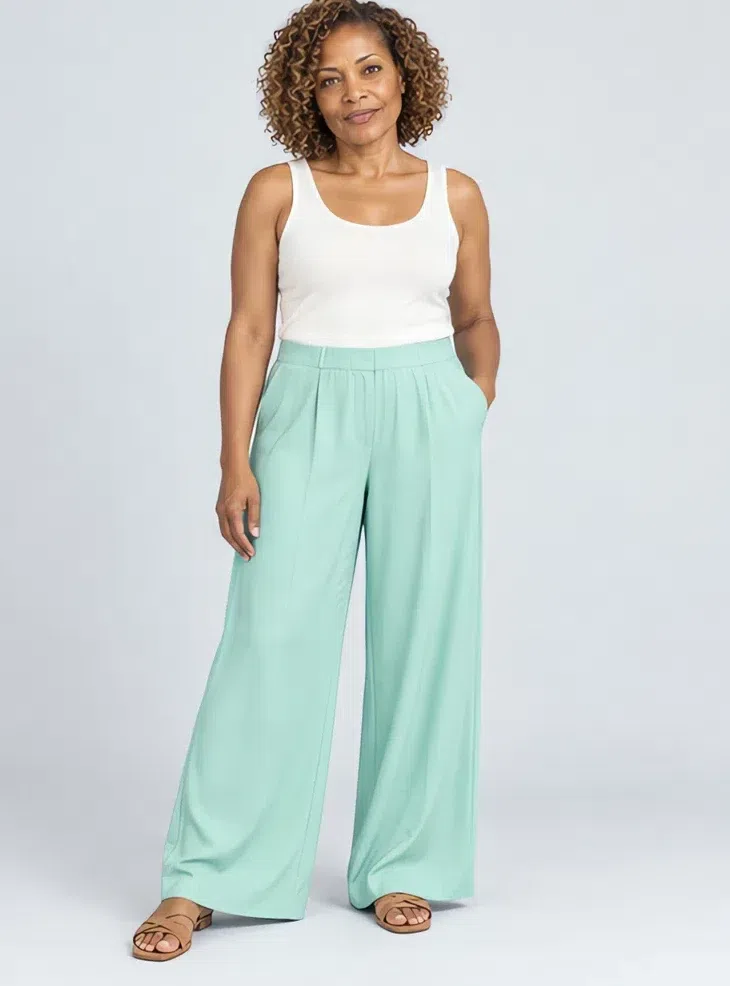 Spearmint wide-leg trousers, Light Spring capsule wardrobe, Deep complexion