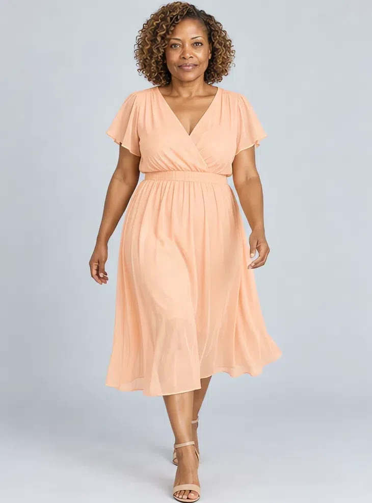 Peach sorbet chiffon dress, Light Spring capsule wardrobe, Deep complexion