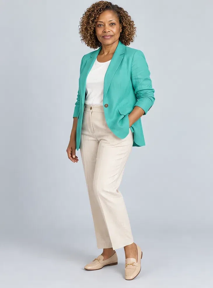 Turquoise linen blazer, Light Spring capsule wardrobe, Deep complexion