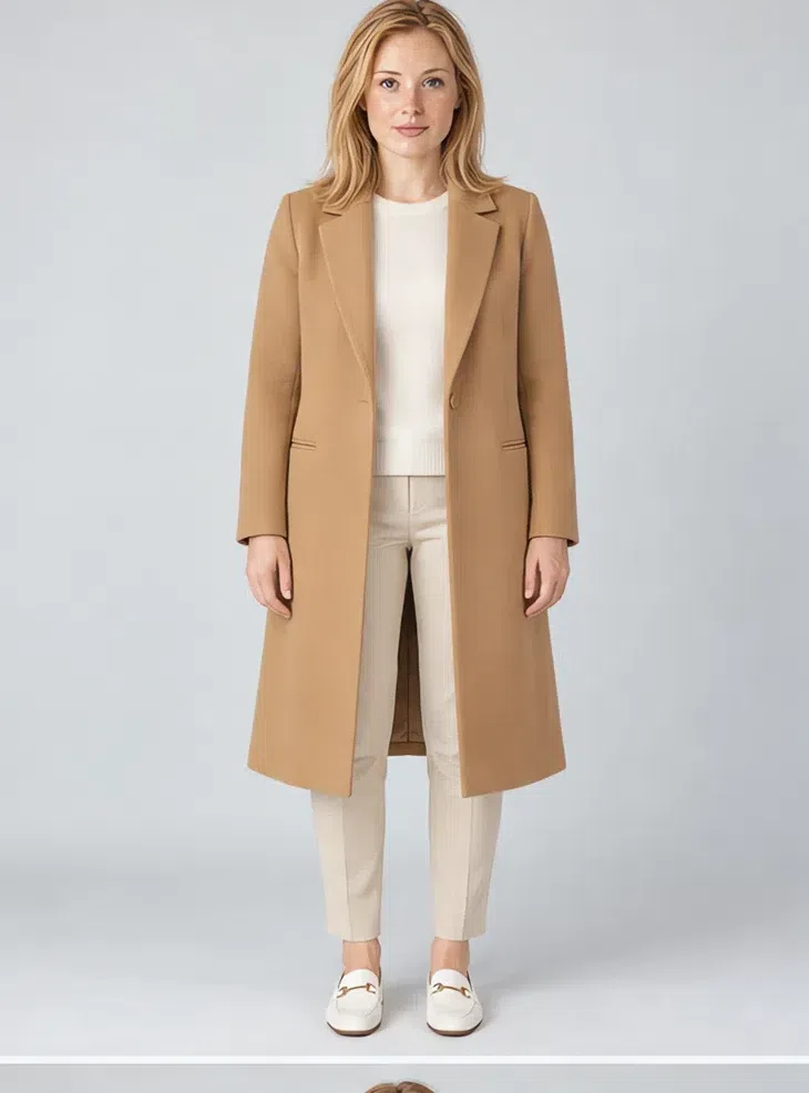 Camel wool coat, Light Spring capsule wardrobe, Fair complexion