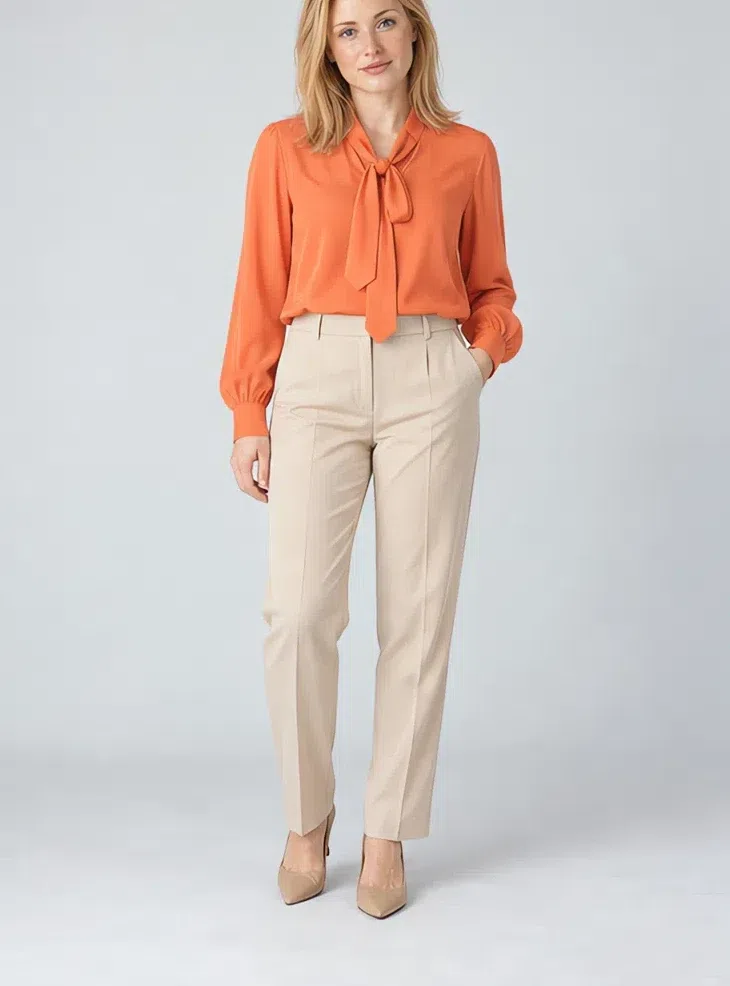 Coral silk blouse, Light Spring capsule wardrobe, Fair complexion