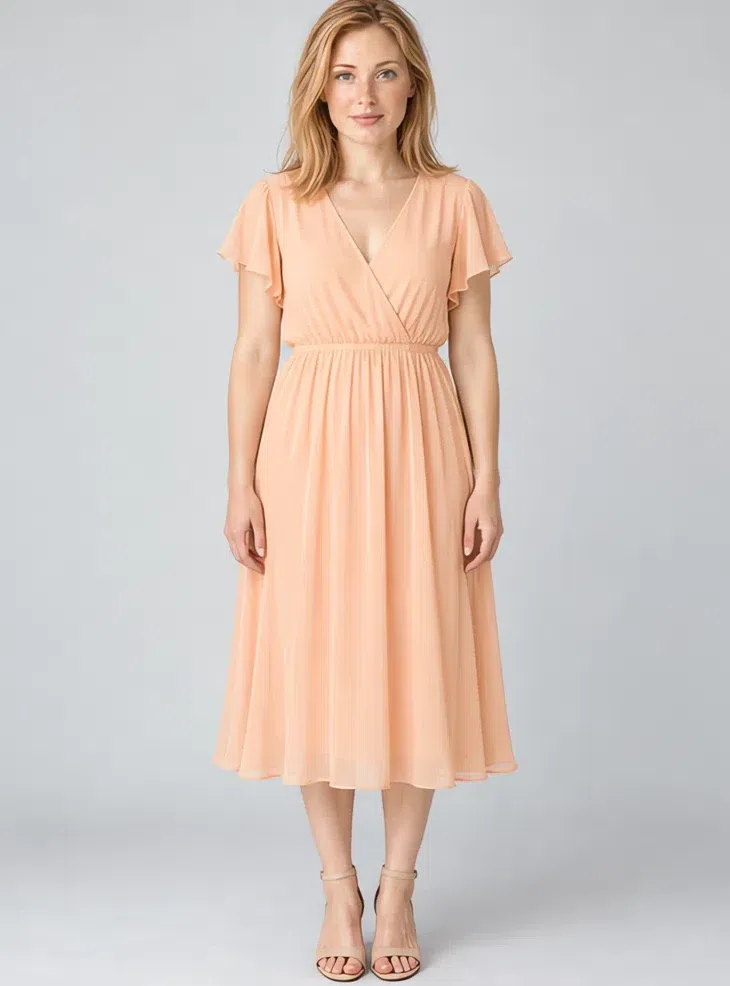 Peach sorbet chiffon dress, Light Spring capsule wardrobe, Fair complexion