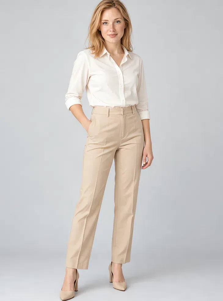 Wheat tailored trousers, Light Spring capsule wardrobe, Fair complexion