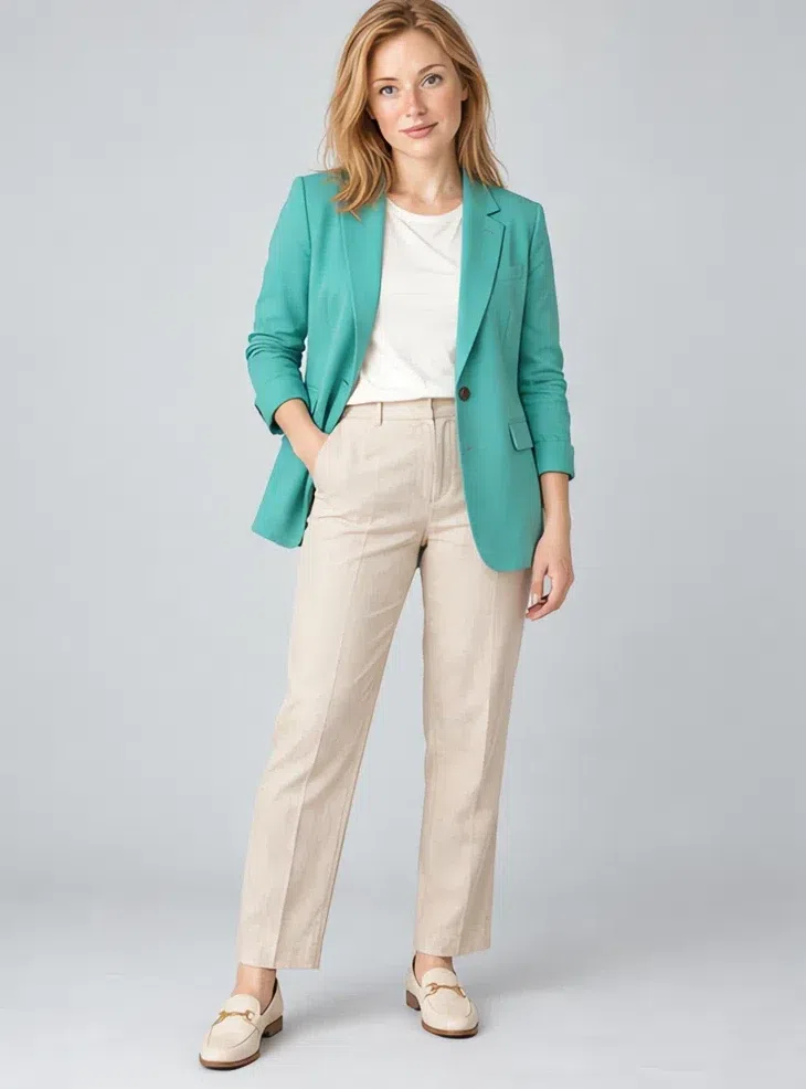 Turquoise linen blazer, Light Spring capsule wardrobe, Fair complexion