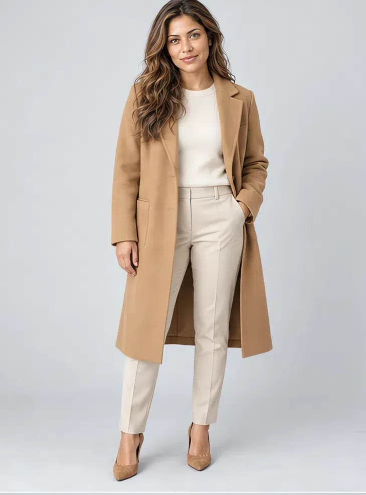 Camel wool coat, Light Spring capsule wardrobe, Medium complexion