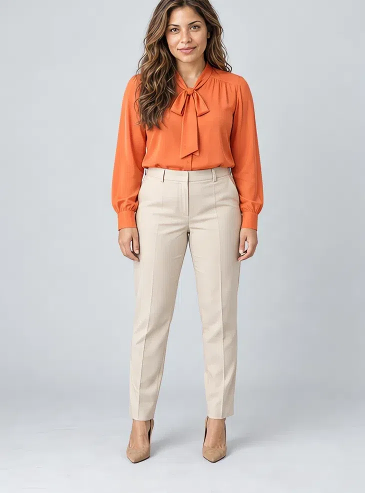 Coral silk blouse, Light Spring capsule wardrobe, Medium complexion