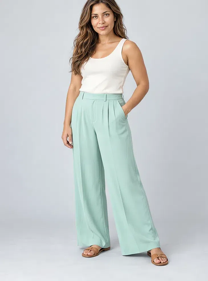 Spearmint wide-leg trousers, Light Spring capsule wardrobe, Medium complexion