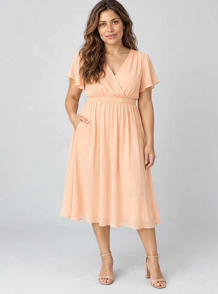 Peach sorbet chiffon dress, Light Spring capsule wardrobe, Medium complexion