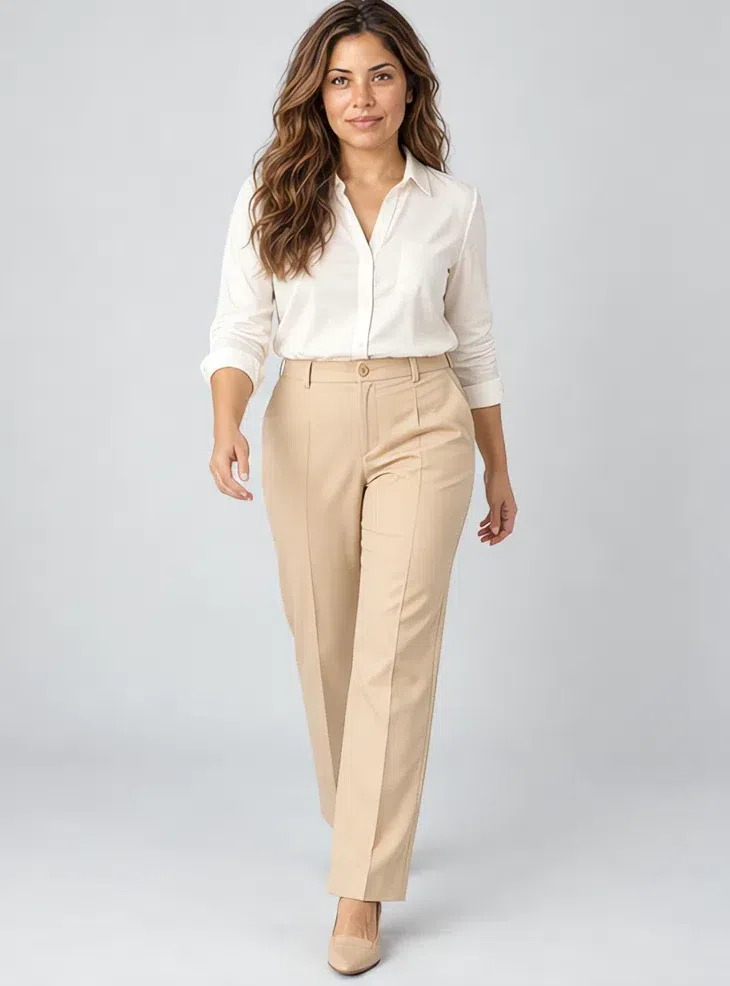 Wheat tailored trousers, Light Spring capsule wardrobe, Medium complexion
