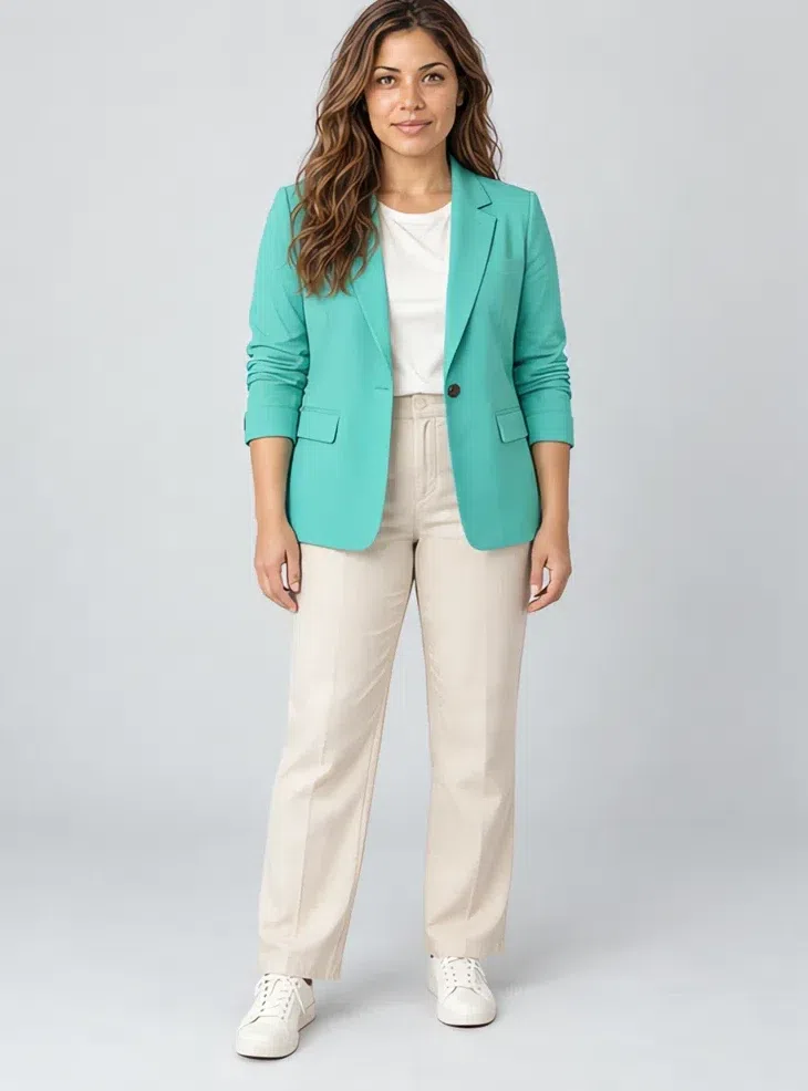 Turquoise linen blazer, Light Spring capsule wardrobe, Medium complexion