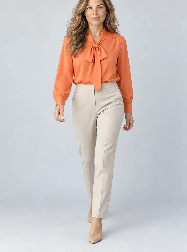 Coral silk blouse, Light Spring capsule wardrobe, Light complexion