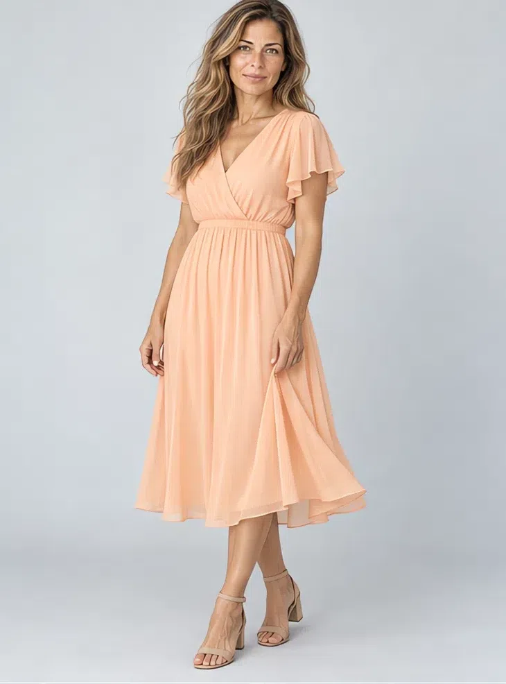 Peach sorbet chiffon dress, Light Spring capsule wardrobe, Light complexion