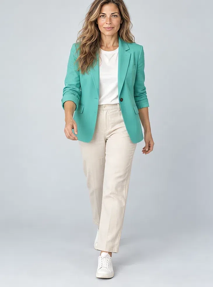 Turquoise linen blazer, Light Spring capsule wardrobe, Light complexion