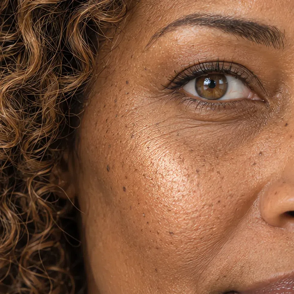 Golden-bronze highlighter on a deep Light Spring complexion