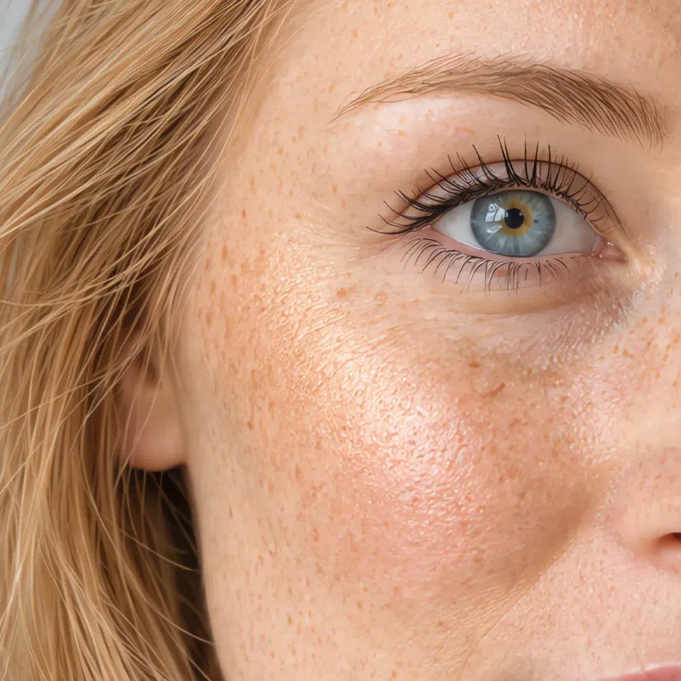Peach-pearl highlighter on a fair Light Spring complexion