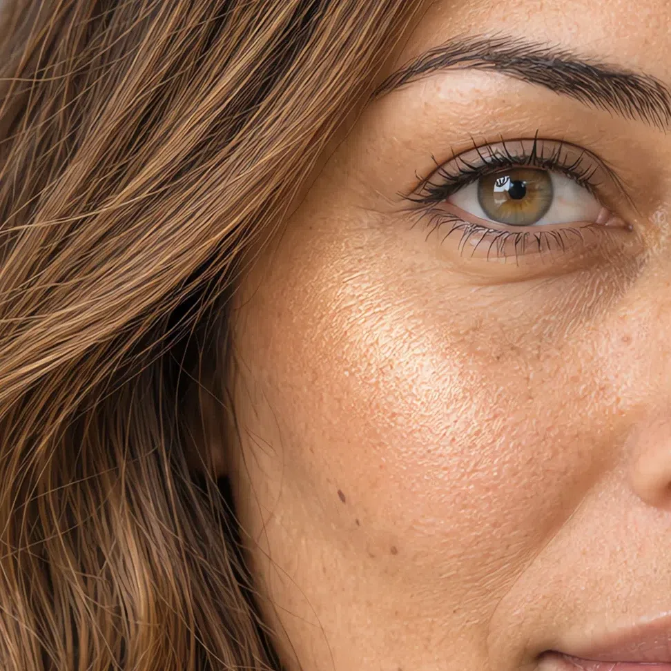 Light gold highlighter on a medium Light Spring complexion