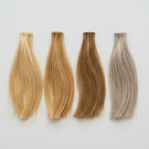 Three warm golden hair swatches with a cool ash blonde one at the end