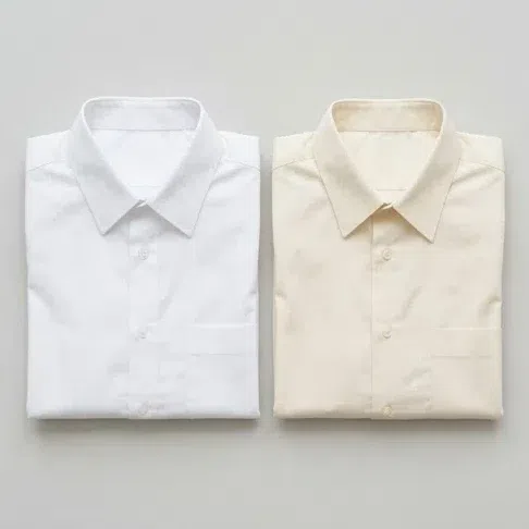 A crisp optic white shirt folded beside a warm ivory one