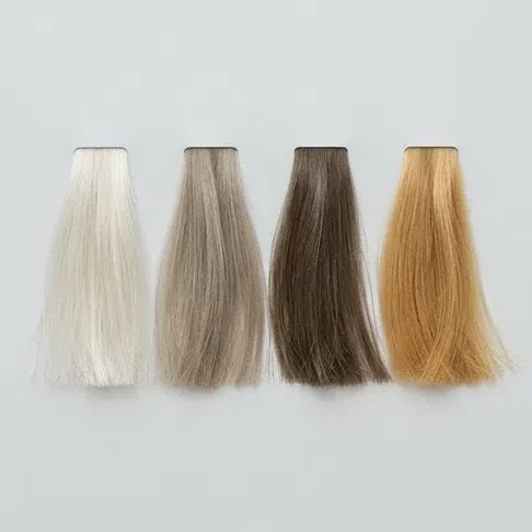 Four hair swatches from platinum to ash brown, with a warm golden one at the end