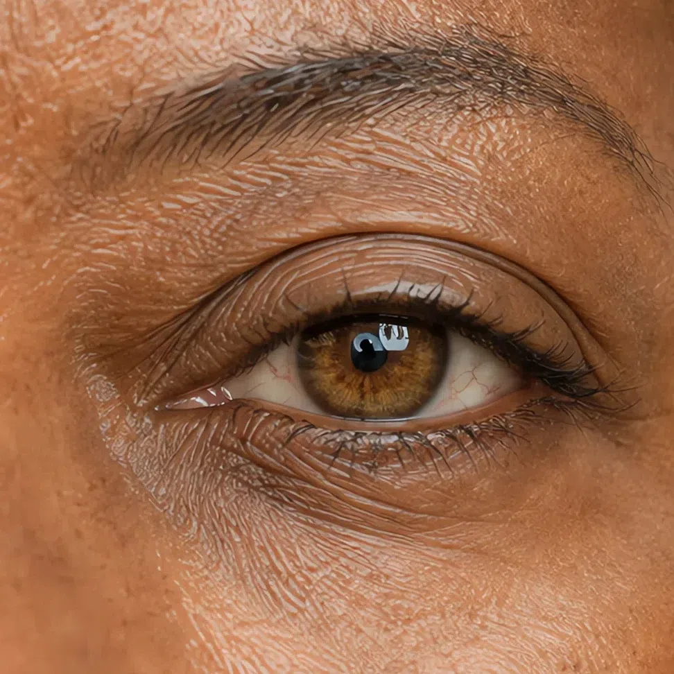 Macro of a muted amber-brown iris set in deep warm brown skin