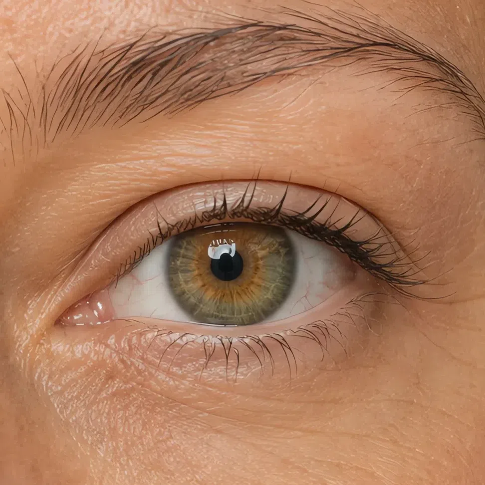 Macro of a soft hazel iris mixing green and light brown, set in light olive skin