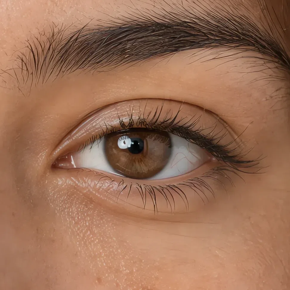 Macro of a tea-brown iris with an amber cast, in medium warm skin
