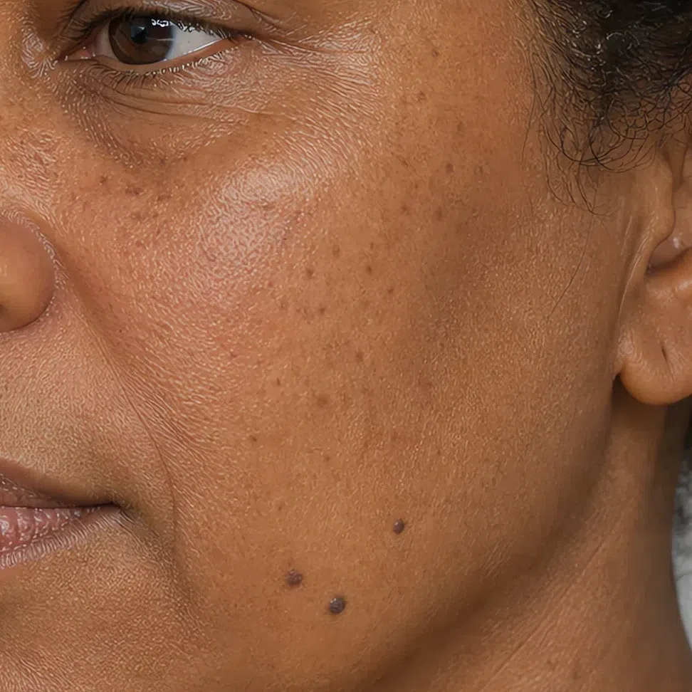 Gray-brown sun spots across the cheek and three raised dark moles along the jaw, deep Soft Autumn complexion