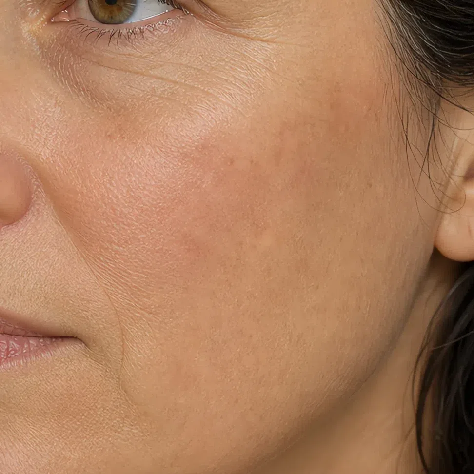 Light olive Soft Autumn skin with a muted rosy-brown flush