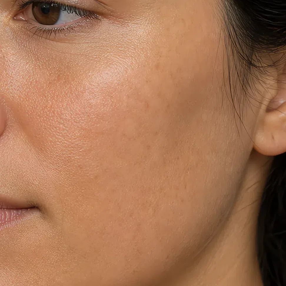 Faintly tanned golden-beige skin, medium-depth Soft Autumn complexion