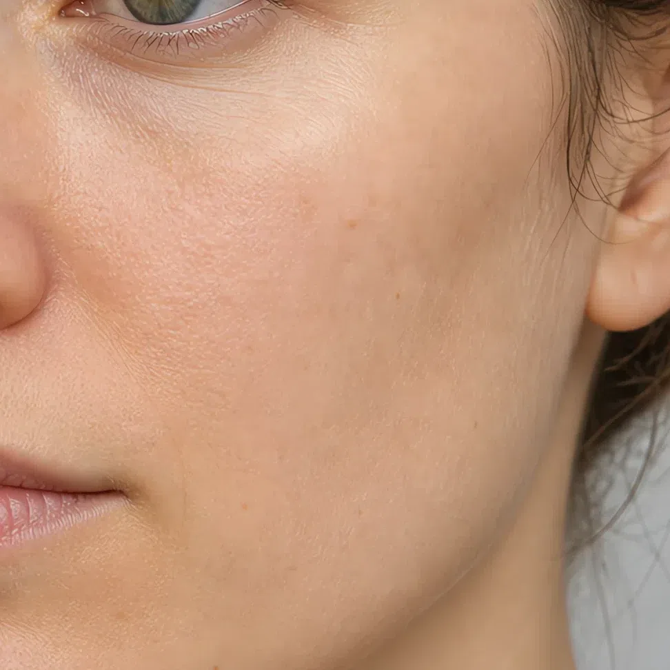 Close crop of fair, warm ivory cheek skin with a soft beige cast