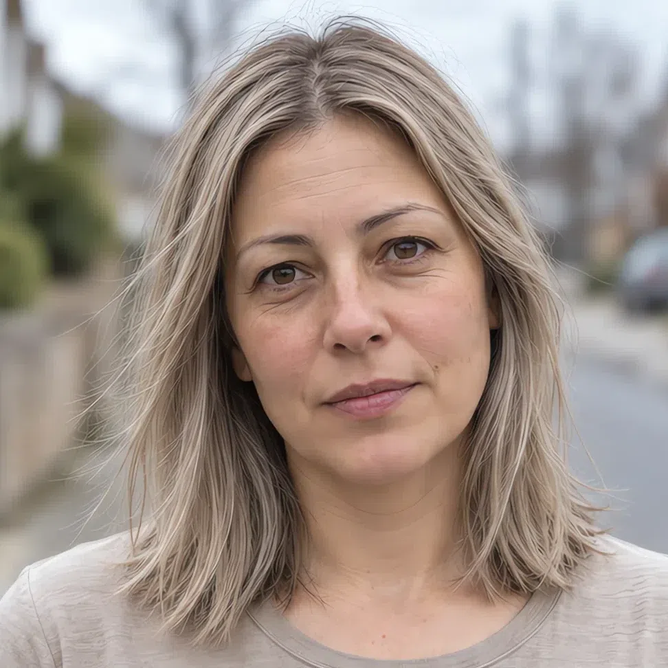 Ash blonde hair color on a Soft Autumn woman