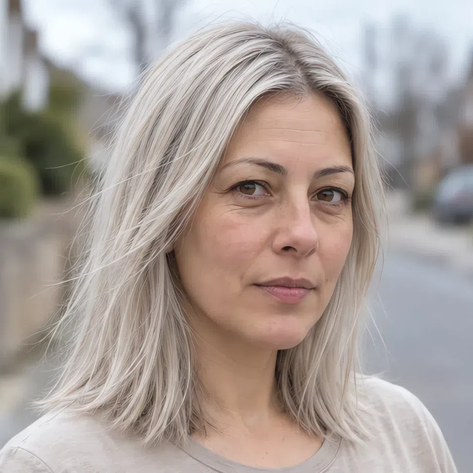 Platinum blonde hair color on a Soft Autumn woman