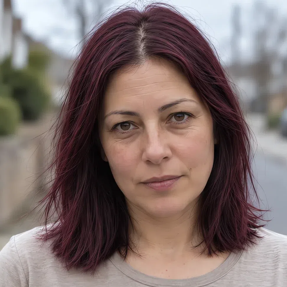 Burgundy hair color on a Soft Autumn woman