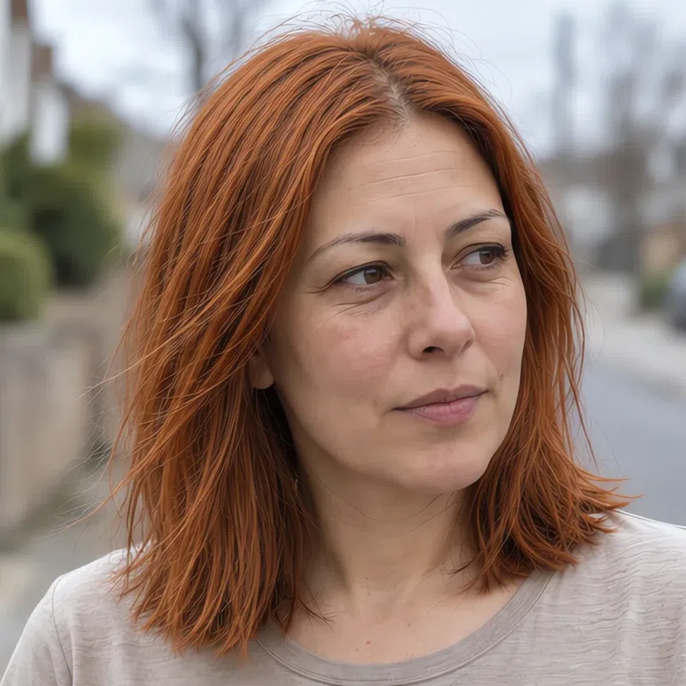 Fiery ginger hair color on a Soft Autumn woman