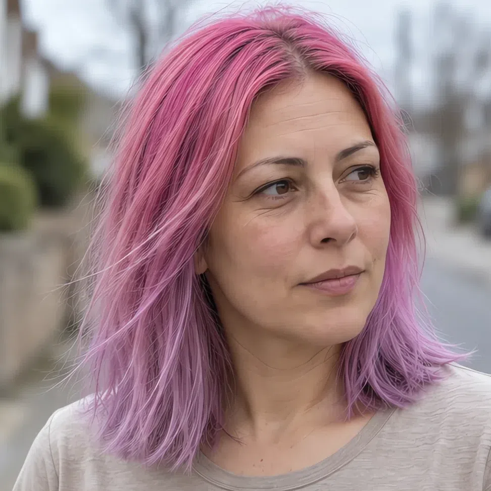 Candy pastel pink hair color on a Soft Autumn woman