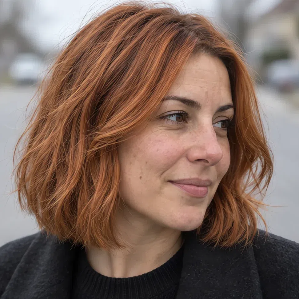 An all-over copper hair color on a Soft Autumn woman