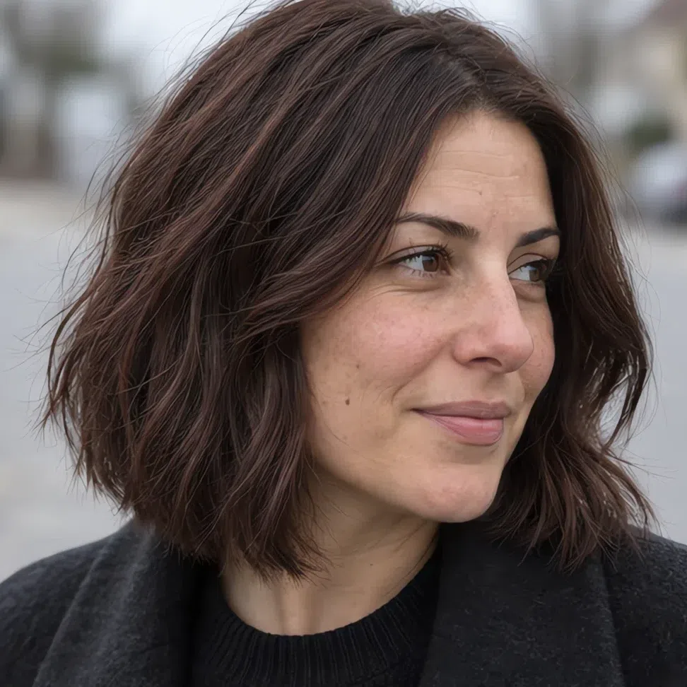 Warm espresso brown hair color on a Soft Autumn woman