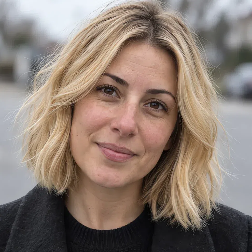 Bright clear golden blonde hair color on a Soft Autumn woman
