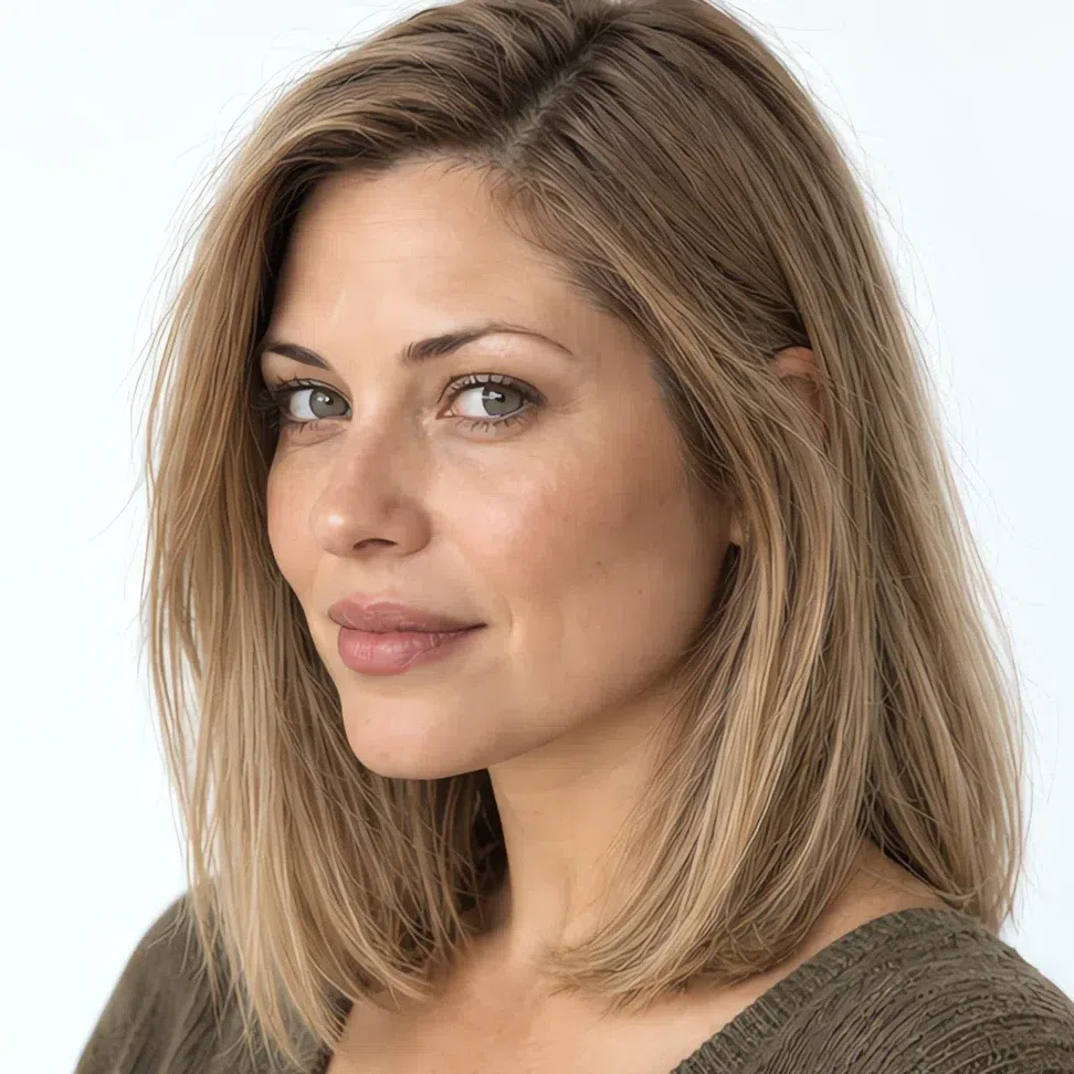 The same woman with golden beige blonde hair at level 8
