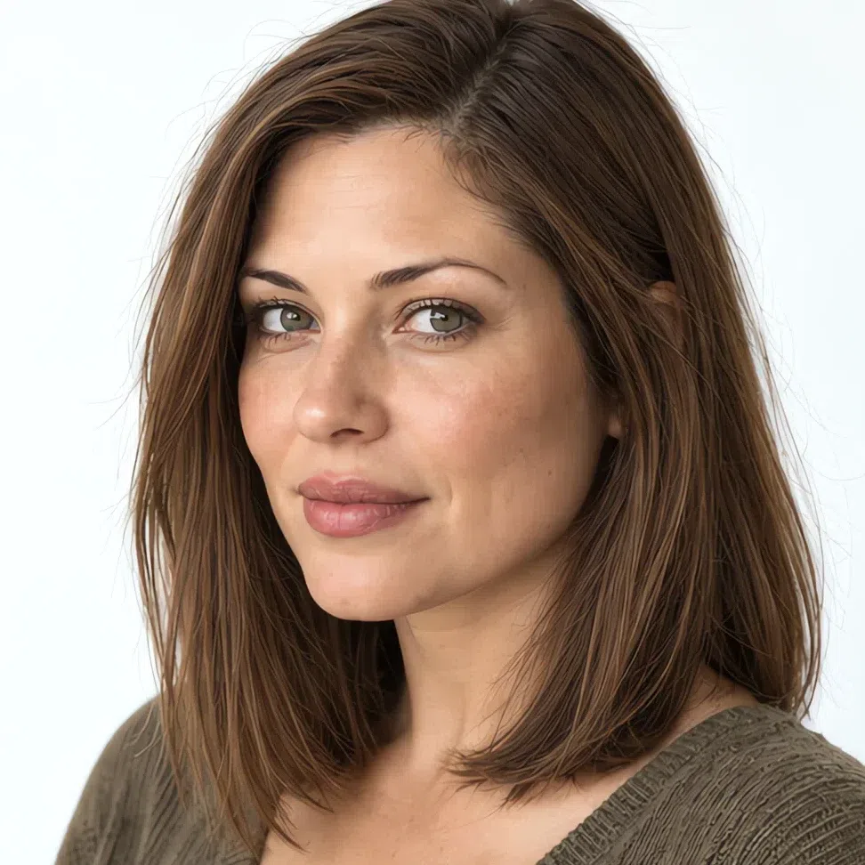 A Soft Autumn woman with her natural level 6 mid brown hair